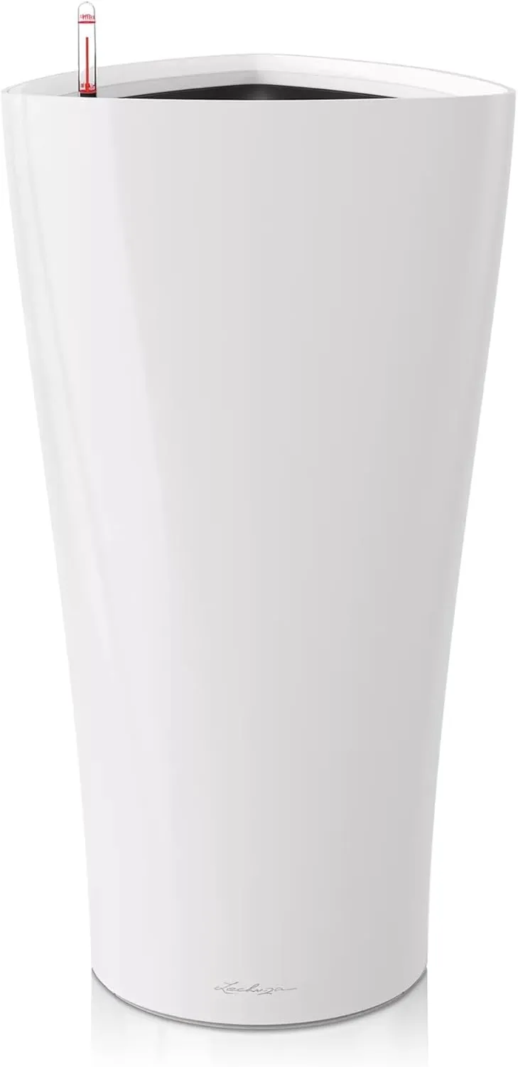 Lechuza Delta 30 Self Watering Planter Large Garden Flower Plant Pot Indoor/Outdoor Floor Planter with Drainage Hole and Plant Substrate Poly Resin D30 H56 cm White High-Gloss
