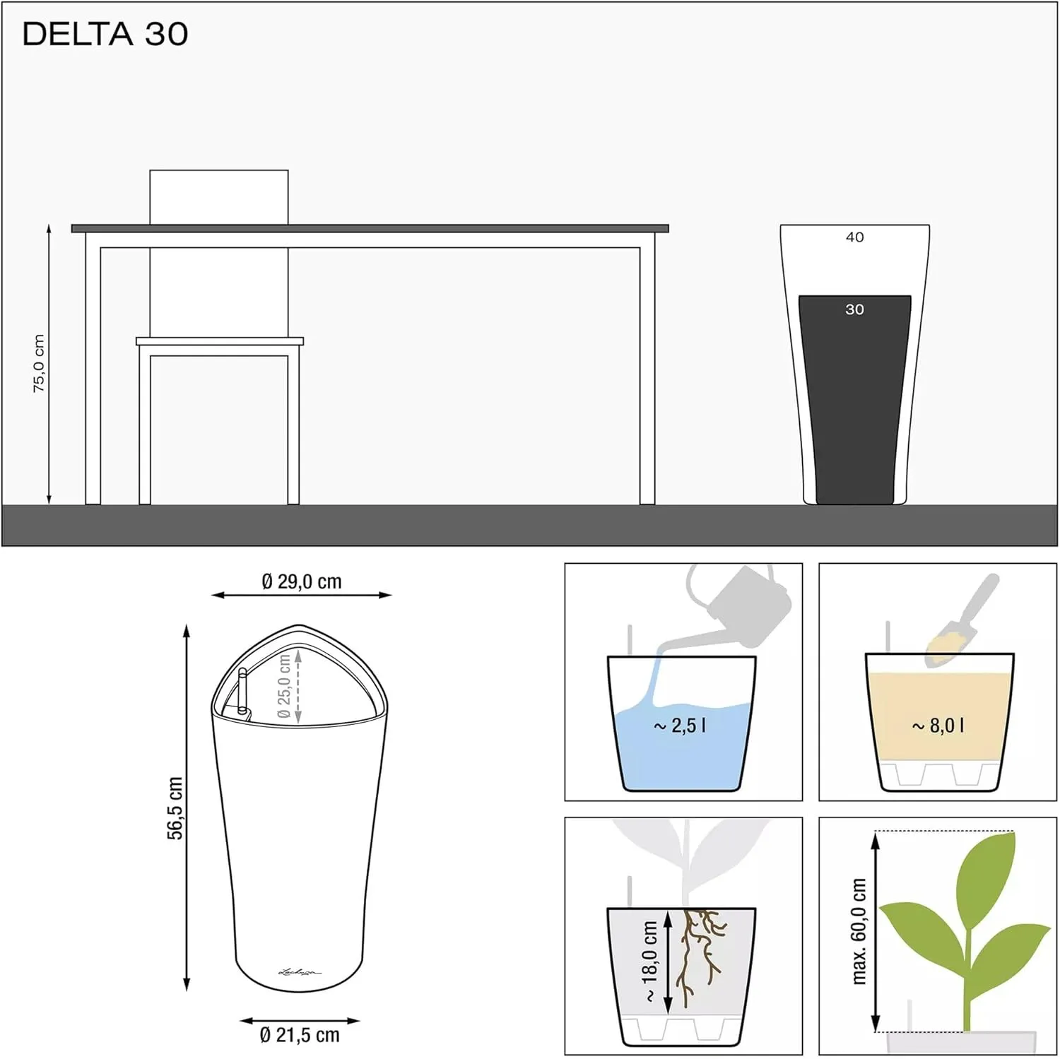 Lechuza Delta 30 Self Watering Planter Large Garden Flower Plant Pot Indoor/Outdoor Floor Planter with Drainage Hole and Plant Substrate Poly Resin D30 H56 cm White High-Gloss