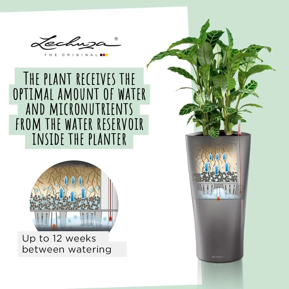 Lechuza Delta 40 Self Watering Planter Large Garden Flower Plant Pot Indoor/Outdoor Floor with Planter Drainage Hole and Plant Substrate Poly Resin D40 H75 cm Charcoal Metallic