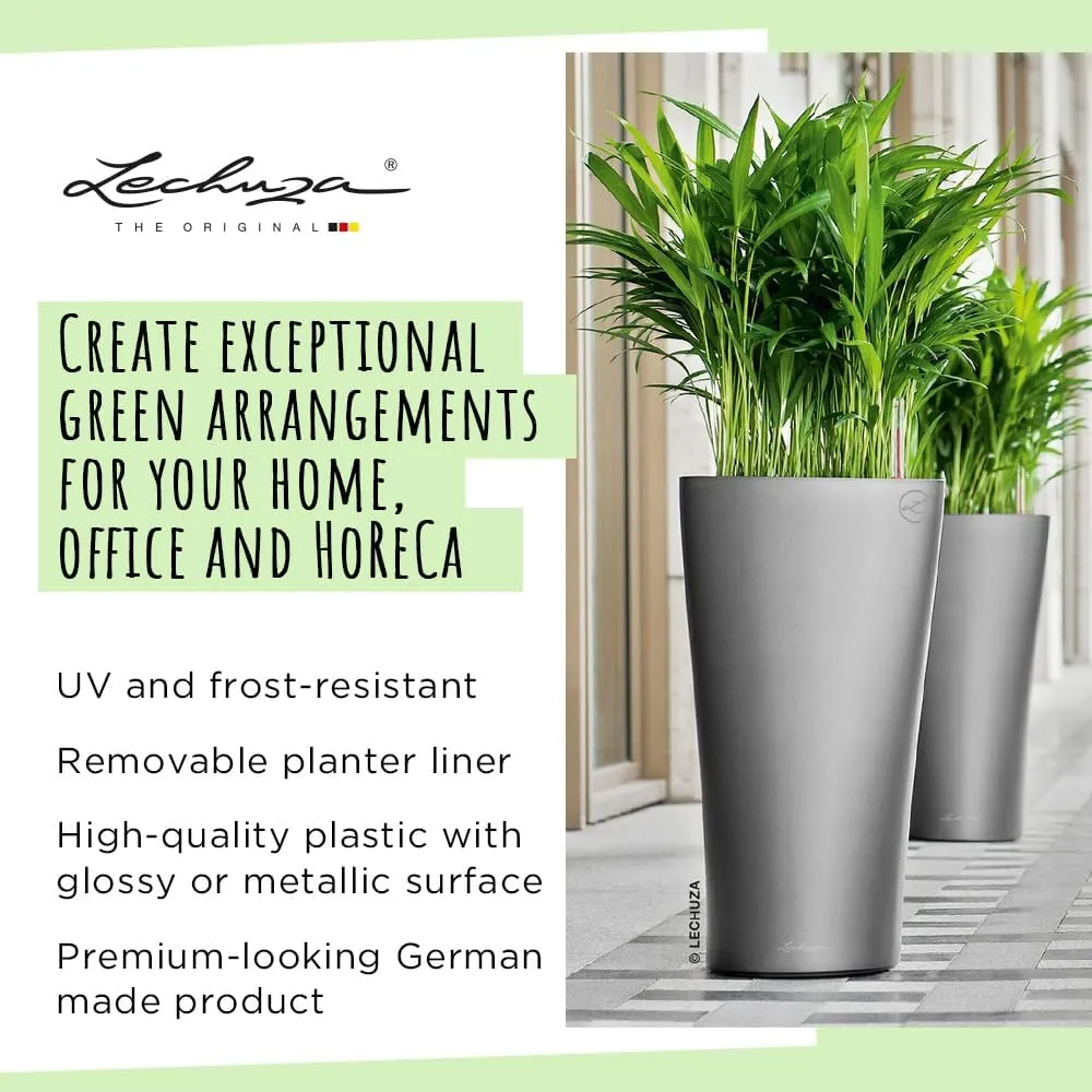 Lechuza Delta 40 Self Watering Planter Large Garden Flower Plant Pot Indoor/Outdoor Floor with Planter Drainage Hole and Plant Substrate Poly Resin D40 H75 cm Charcoal Metallic