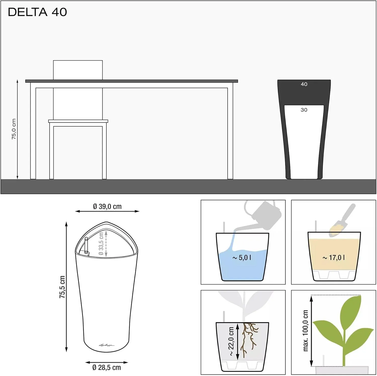 Lechuza Delta 40 Self Watering Planter Large Garden Flower Plant Pot Indoor/Outdoor Floor with Planter Drainage Hole and Plant Substrate Poly Resin D40 H75 cm Charcoal Metallic