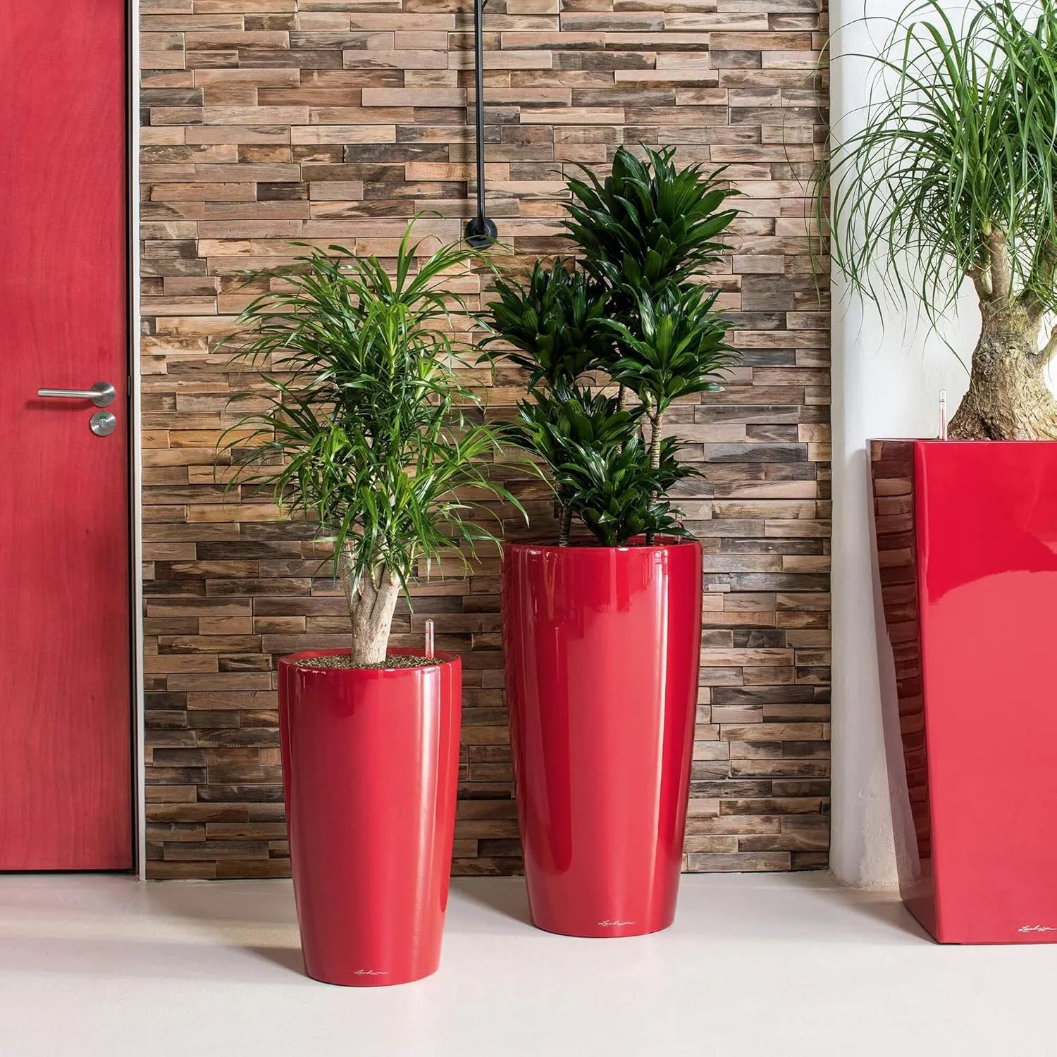 Lechuza Rondo 32 Self Watering Planter Large Garden Flower Plant Pot Indoor Outdoor Plastic Planter with Drainage Hole D32 H56 cm Red High-Gloss