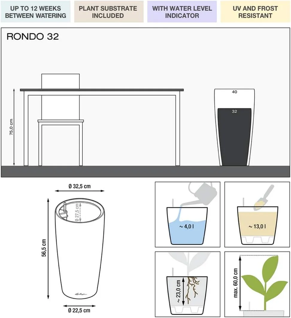 Lechuza Rondo 32 Self Watering Planter Large Garden Flower Plant Pot Indoor/Outdoor Floor Planter with Drainage Hole and Plant Substrate Poly Resin D32 H56 cm Charcoal Metallic