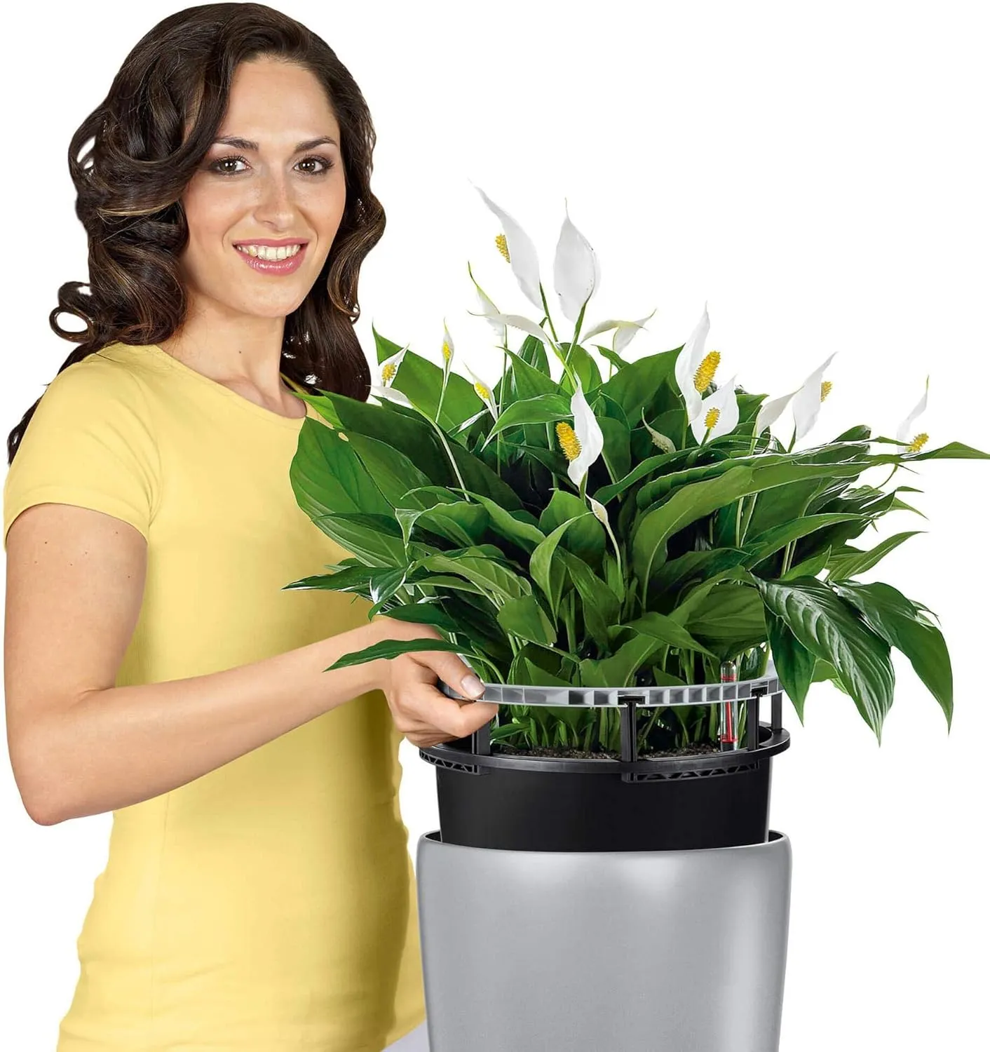Lechuza Rondo 32 Self Watering Planter Large Garden Flower Plant Pot Indoor/Outdoor Floor Planter with Drainage Hole and Plant Substrate Poly Resin D32 H56 cm Charcoal Metallic