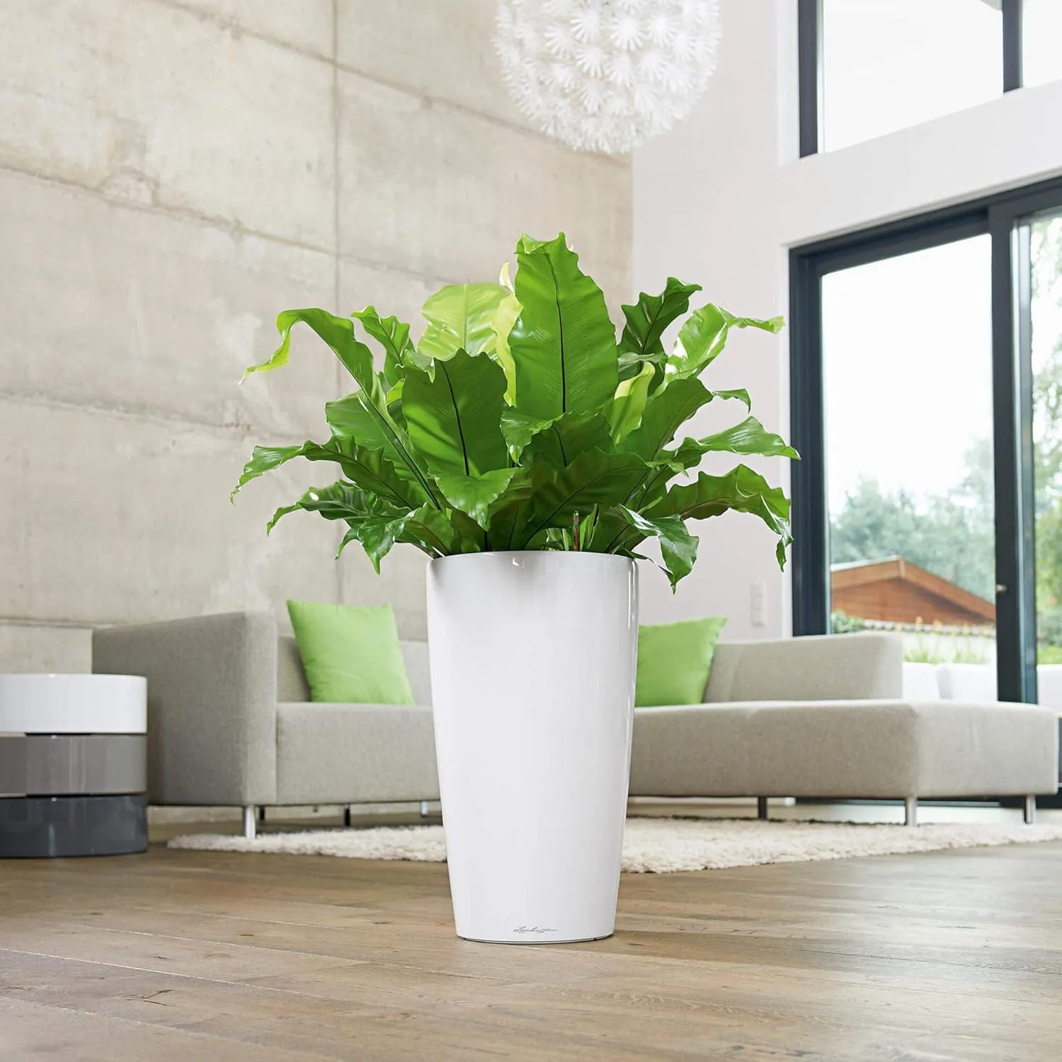 Lechuza Rondo 32 Self Watering Planter Large Garden Flower Plant Pot Indoor/Outdoor Floor Planter with Drainage Hole and Plant Substrate Poly Resin D32 H56 cm Charcoal Metallic