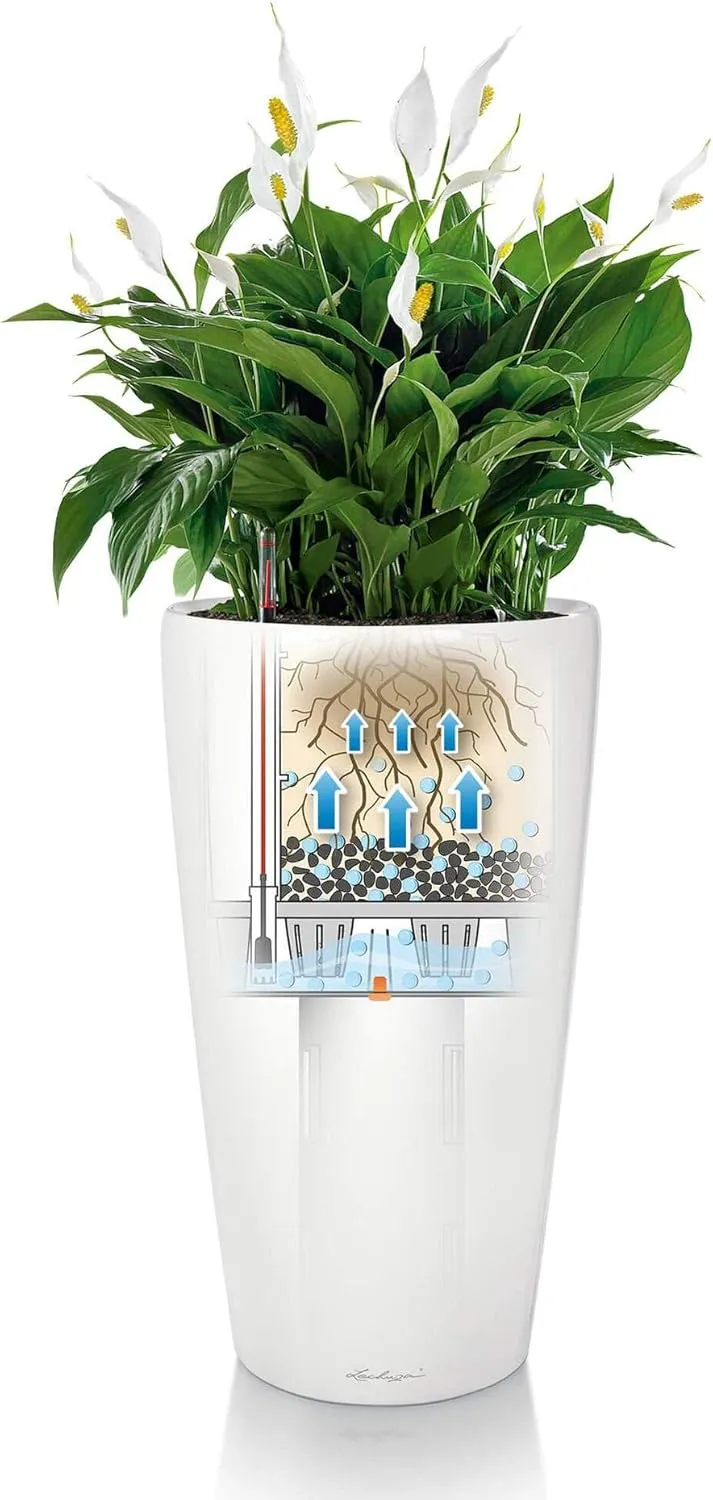 Lechuza Rondo 32 Self Watering Planter Large Garden Flower Plant Pot Indoor/Outdoor Floor Planter with Drainage Hole and Plant Substrate Poly Resin D32 H56 cm Charcoal Metallic
