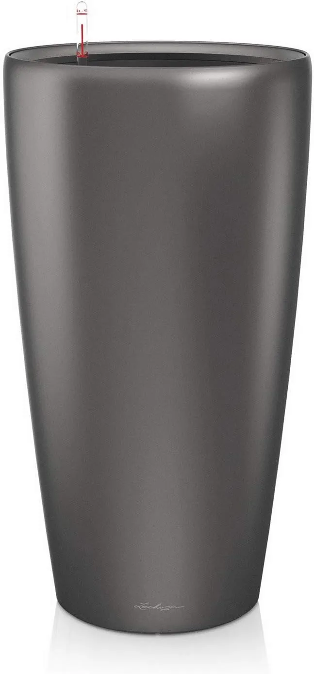 Lechuza Rondo 32 Self Watering Planter Large Garden Flower Plant Pot Indoor/Outdoor Floor Planter with Drainage Hole and Plant Substrate Poly Resin D32 H56 cm Charcoal Metallic