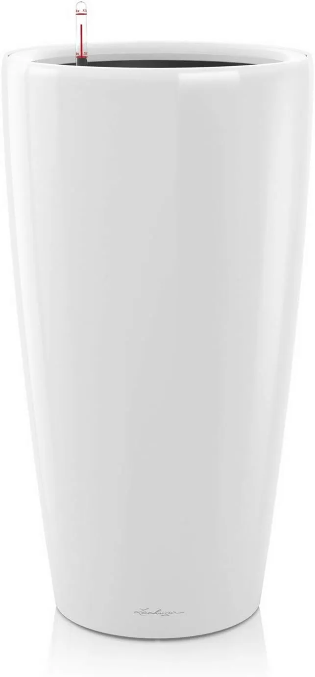 Lechuza Rondo 32 Self Watering Planter Large Garden Flower Plant Pot Indoor/Outdoor Floor Planter with Drainage Hole and Plant Substrate Poly Resin D32 H56 cm White High-Gloss