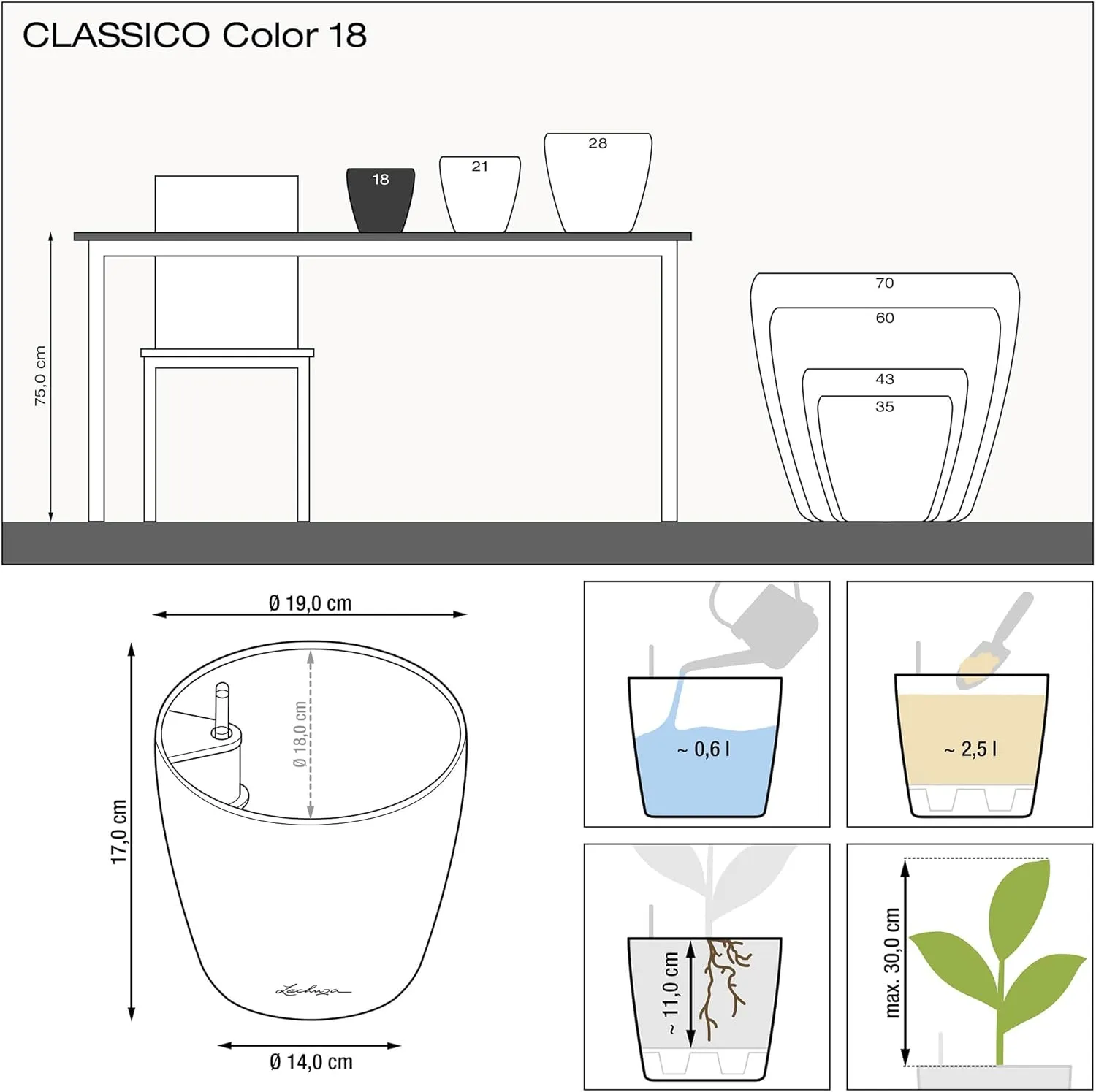 Lechuza Self Watering Plant Pot Classico Color 18 Garden Small Flower Indoor Outdoor Table Plastic Planter with Drainage Hole D19 H17 cm Nutmeg