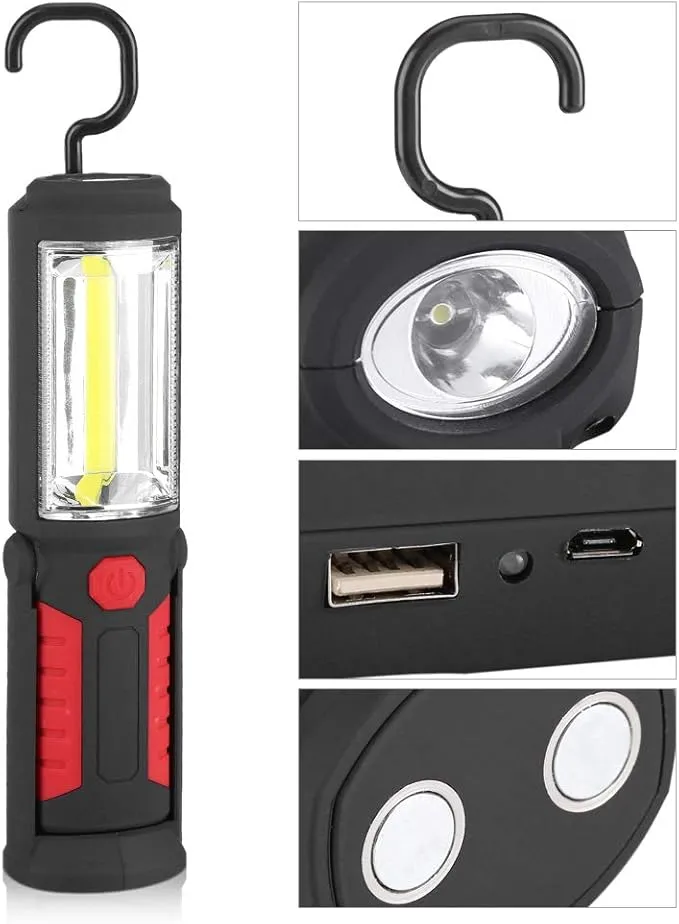 LED Flashlight Rechargeable, Rechargeable Flashlights Magnetic Flashlight Cob Work Light Portable Inspection Light Floodlight Pocket Worklight for Home Garage Travel Camping Emergency Repair(red)