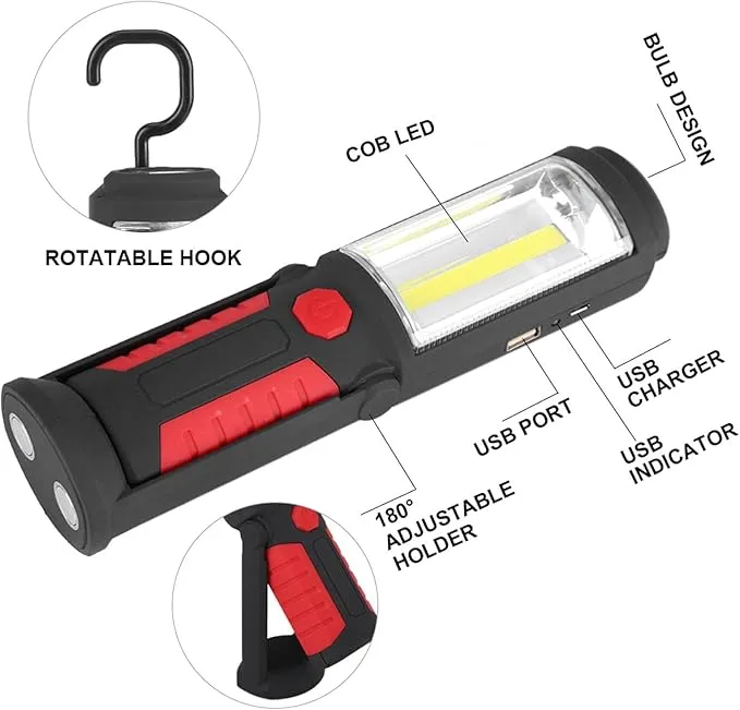 LED Flashlight Rechargeable, Rechargeable Flashlights Magnetic Flashlight Cob Work Light Portable Inspection Light Floodlight Pocket Worklight for Home Garage Travel Camping Emergency Repair(red)