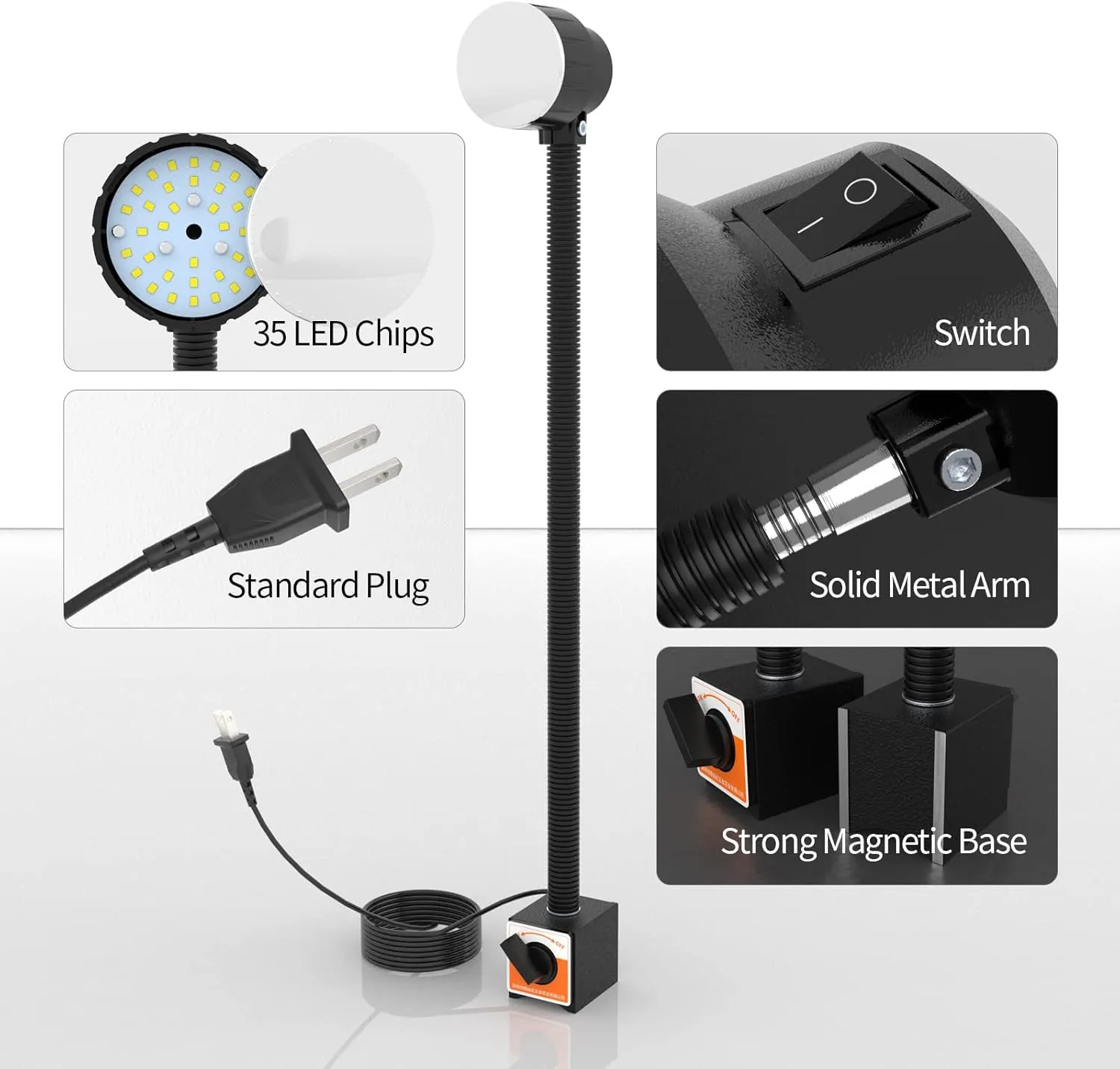 Led Magnetic Work Light 300mm Flexible Gooseneck lamp 500 Lumens 120 Volt for Sewing Machine Lathe Milling Drill Press Industrial Lighting