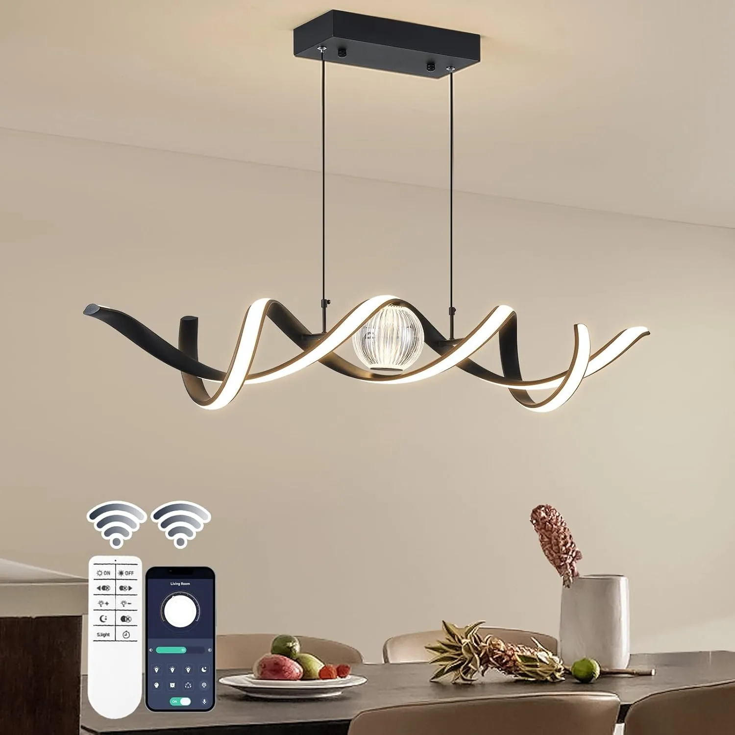 LED Modern Chandeliers for Dining Room, 39in Dimmable Black Chandelier Kitchen Pendant Lighting Over Island, Linear Wave Spiral Pendant Light Fixtures Dining Room Lights Ceiling Hanging, 36W