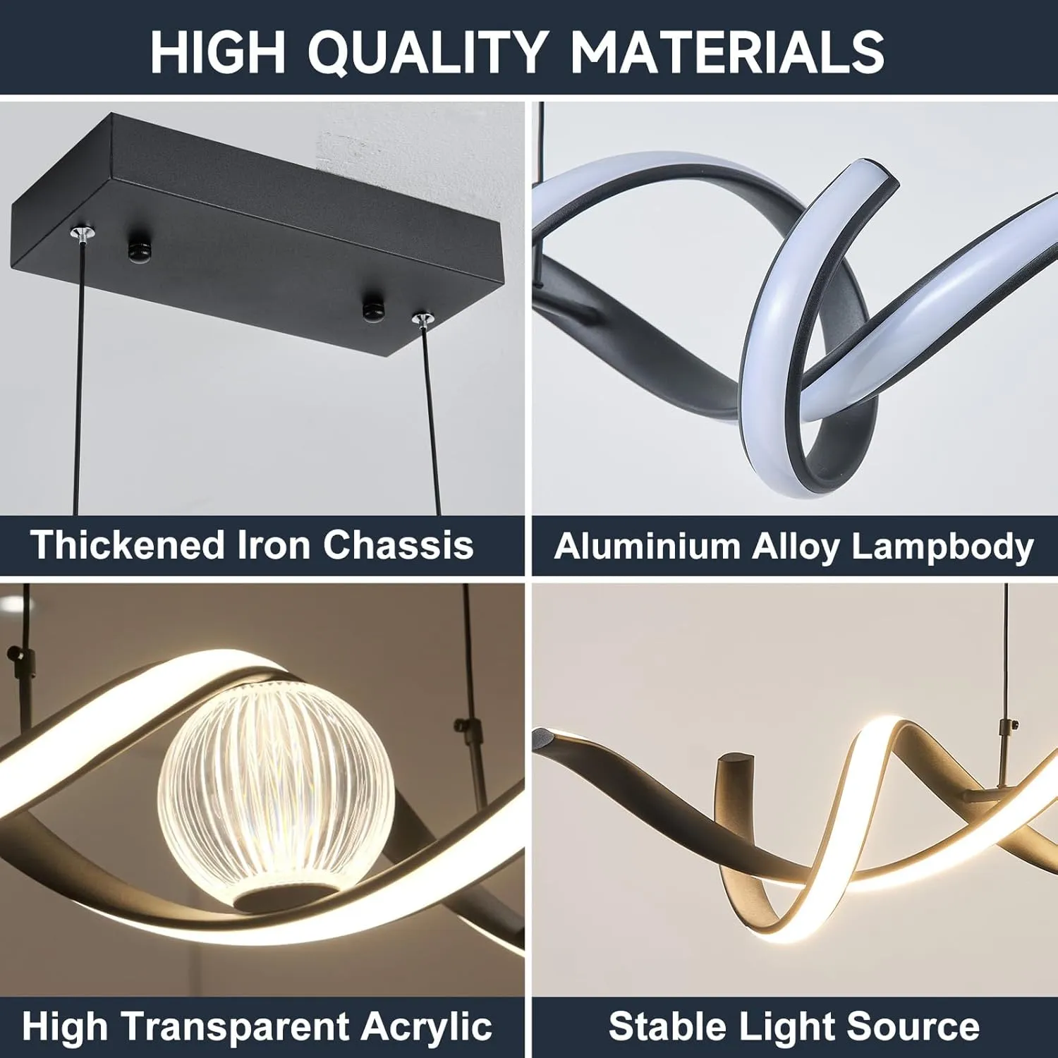 LED Modern Chandeliers for Dining Room, 39in Dimmable Black Chandelier Kitchen Pendant Lighting Over Island, Linear Wave Spiral Pendant Light Fixtures Dining Room Lights Ceiling Hanging, 36W