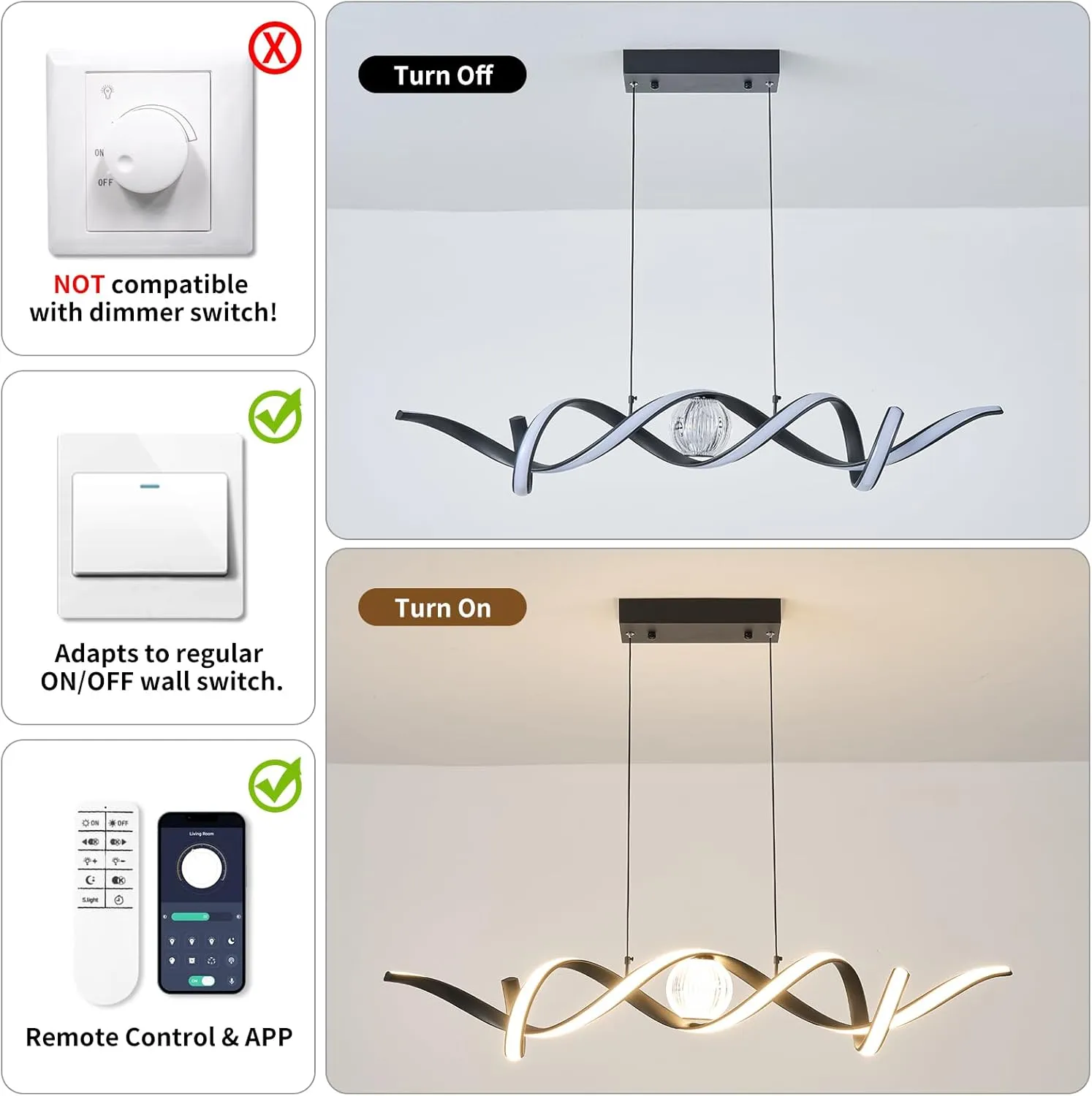 LED Modern Chandeliers for Dining Room, 39in Dimmable Black Chandelier Kitchen Pendant Lighting Over Island, Linear Wave Spiral Pendant Light Fixtures Dining Room Lights Ceiling Hanging, 36W