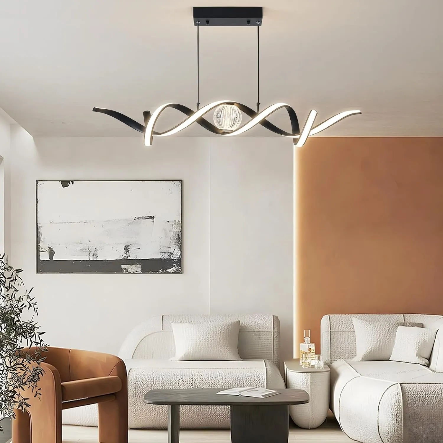 LED Modern Chandeliers for Dining Room, 39in Dimmable Black Chandelier Kitchen Pendant Lighting Over Island, Linear Wave Spiral Pendant Light Fixtures Dining Room Lights Ceiling Hanging, 36W