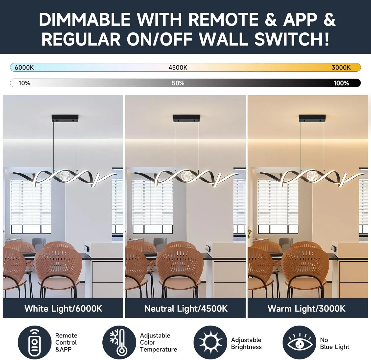 LED Modern Chandeliers for Dining Room, 39in Dimmable Black Chandelier Kitchen Pendant Lighting Over Island, Linear Wave Spiral Pendant Light Fixtures Dining Room Lights Ceiling Hanging, 36W