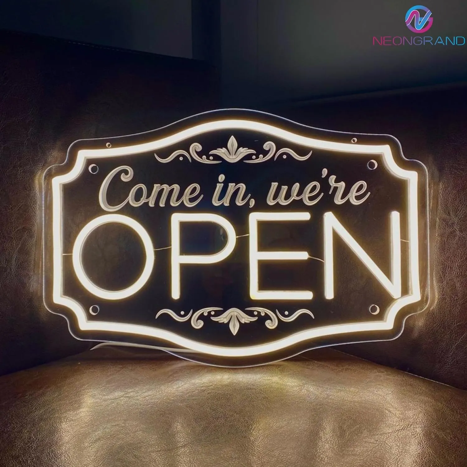 LED Neon Open Sign for Business, Adjustable Brightness Neon Lights for Party Bar Salon Stores Hotel Wall Decor Come in we're Open (Warm White, 16.5x11'')