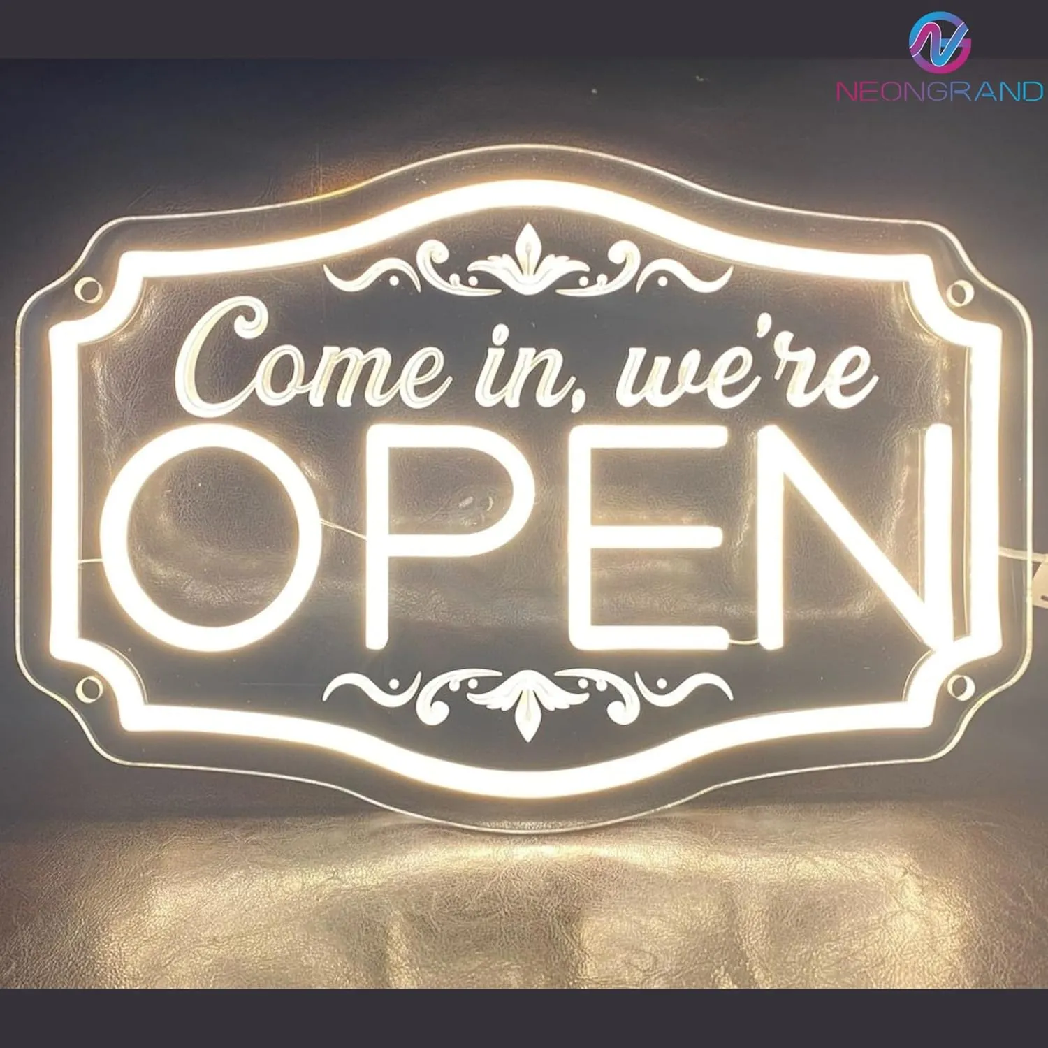 LED Neon Open Sign for Business, Adjustable Brightness Neon Lights for Party Bar Salon Stores Hotel Wall Decor Come in we're Open (Warm White, 16.5x11'')