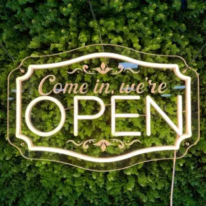 LED Neon Open Sign for Business, Adjustable Brightness Neon Lights for Party Bar Salon Stores Hotel Wall Decor Come in we're Open (Warm White, 16.5x11'')