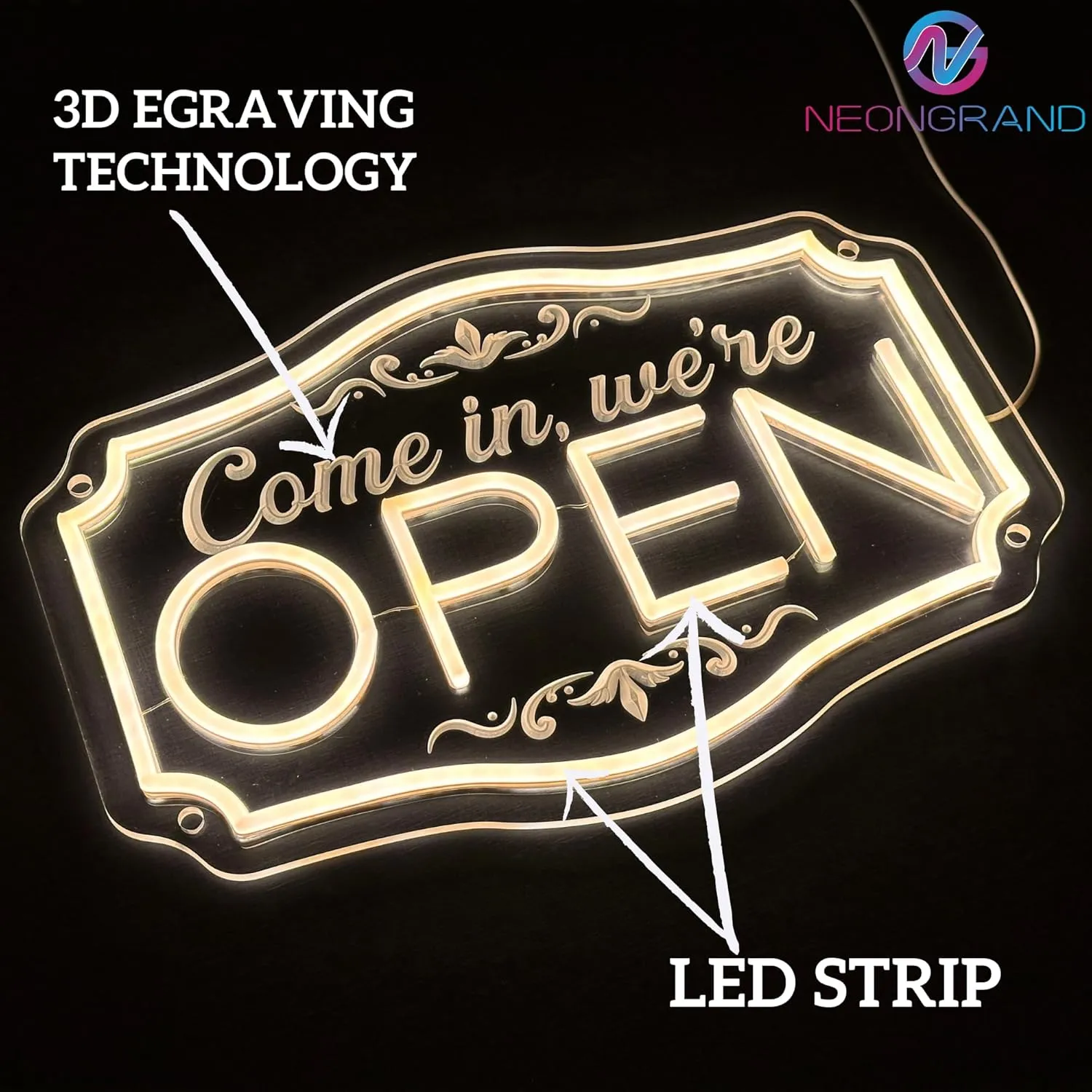LED Neon Open Sign for Business, Adjustable Brightness Neon Lights for Party Bar Salon Stores Hotel Wall Decor Come in we're Open (Warm White, 16.5x11'')