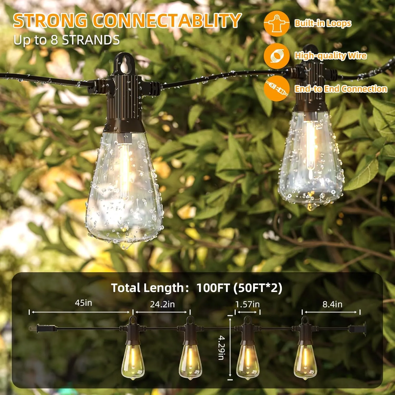 LED Outdoor String Lights, 100FT Outside Waterproof Patio Lights with 50 3 Shatterproof ST38 Edison Bulbs, 2700K Warm White Hanging Light, Dimmable Light for Back Yard Porch Party Gezebo