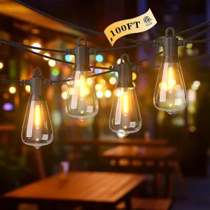 LED Outdoor String Lights, 100FT Outside Waterproof Patio Lights with 50 3 Shatterproof ST38 Edison Bulbs, 2700K Warm White Hanging Light, Dimmable Light for Back Yard Porch Party Gezebo