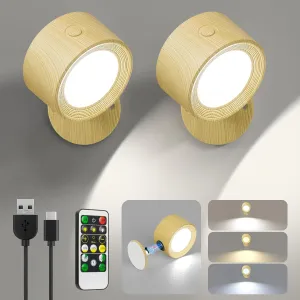 LED Wall Sconces, Wall Mounted Lamp 2 Pcs with Remote Rechargeable Battery Operated, 3 Color Temperatures & Dimmable Wall Lights Magnetic 360° Rotation Wireless Light