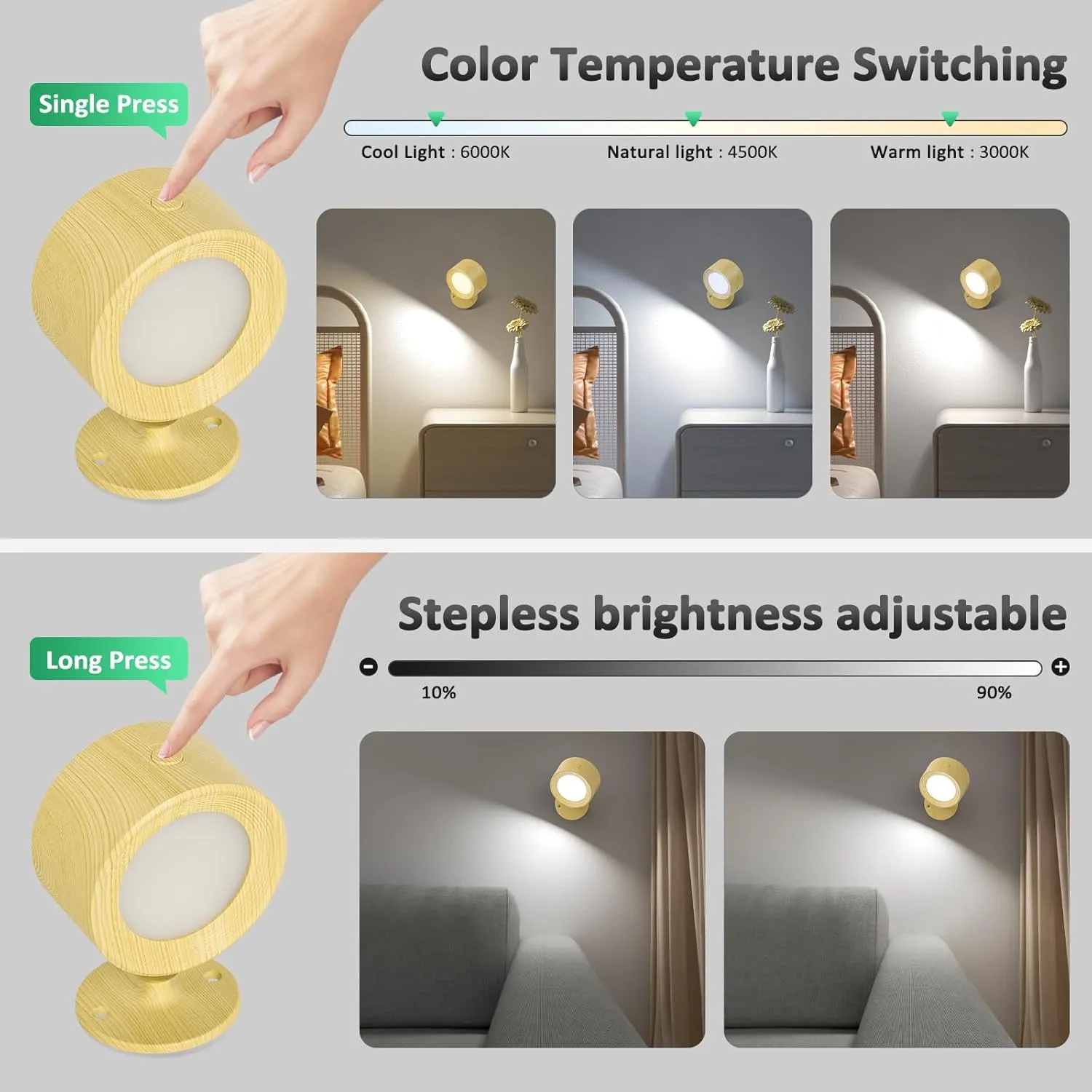 LED Wall Sconces, Wall Mounted Lamp 2 Pcs with Remote Rechargeable Battery Operated, 3 Color Temperatures & Dimmable Wall Lights Magnetic 360° Rotation Wireless Light