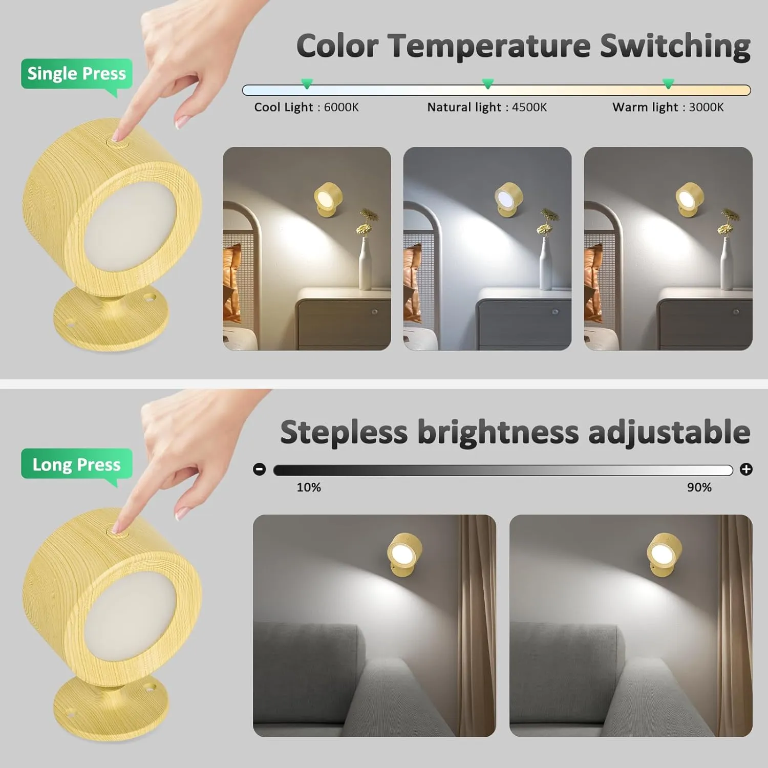 LED Wall Sconces, Wall Mounted Lamp with Remote Rechargeable Battery Operated, 3 Color Temperatures & Dimmable Wall Lights Magnetic 360° Rotation Wireless Light