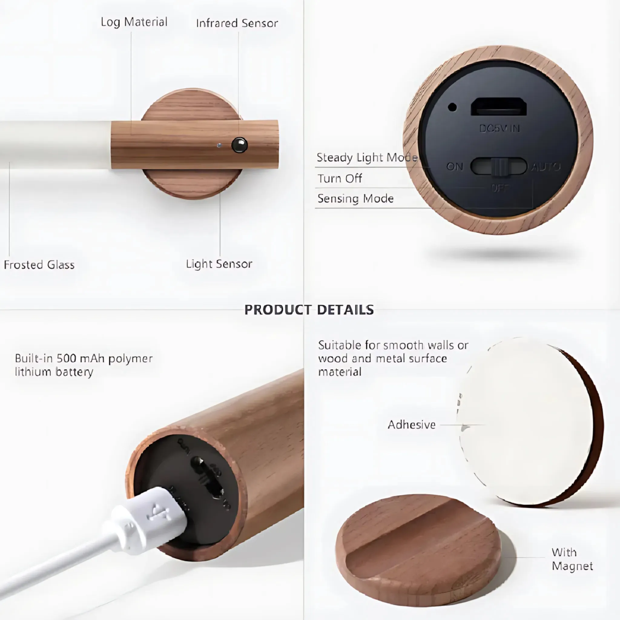 LED Wood Night Light – USB Rechargeable Magnetic Wall Lamp