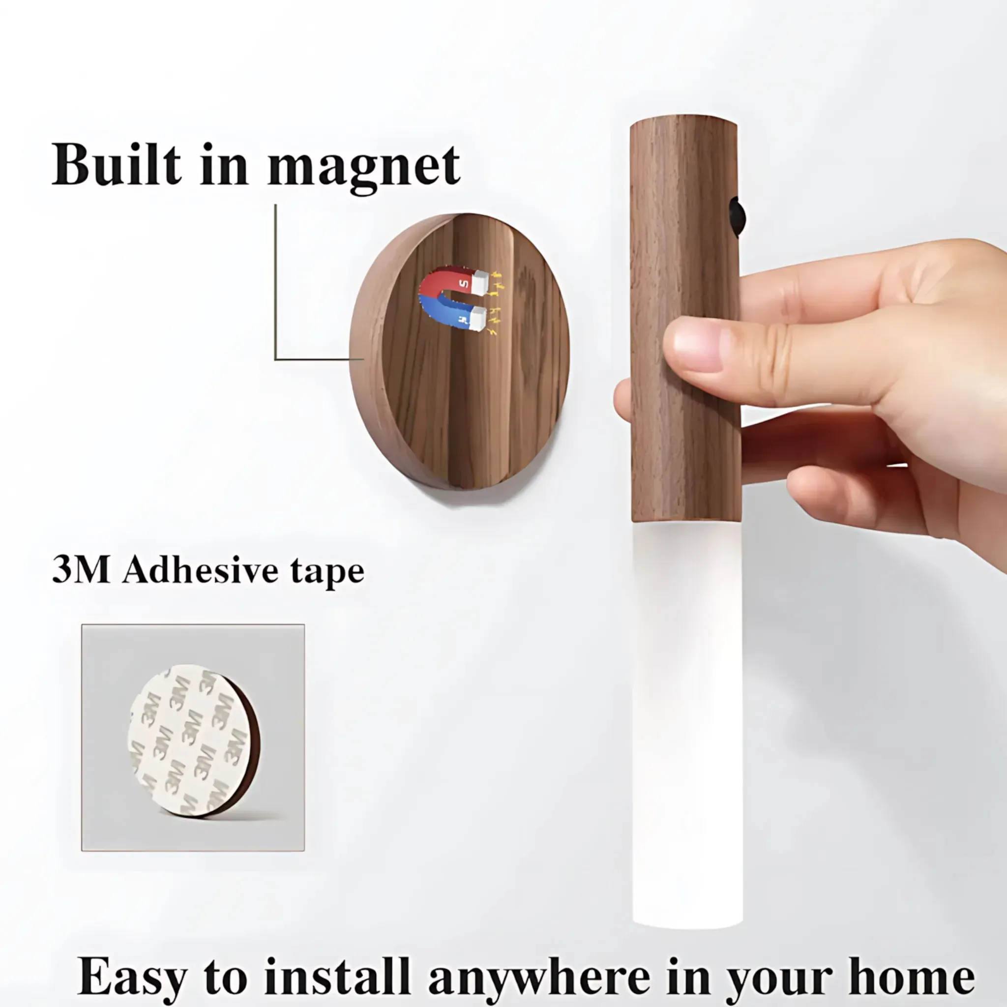 LED Wood Night Light – USB Rechargeable Magnetic Wall Lamp
