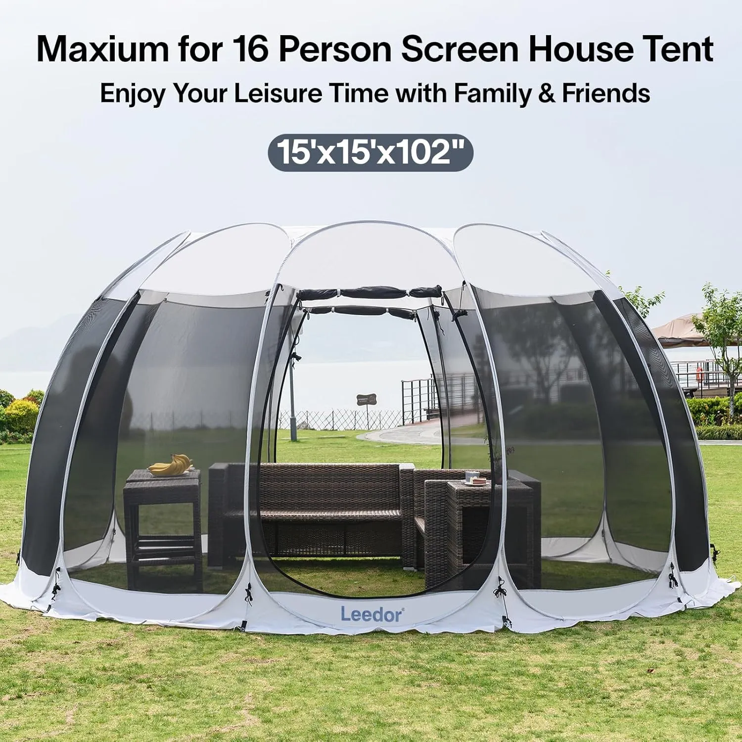 LEEDOR Pop Up Screen House, 6-10-15 Person Outdoor Screen Tent，Camping Screen Room with Carry Bag, Screened Gazebo with Mosquito Netting, Instant UV Resistant Sun Shelter for Garden, Patio, Backyard