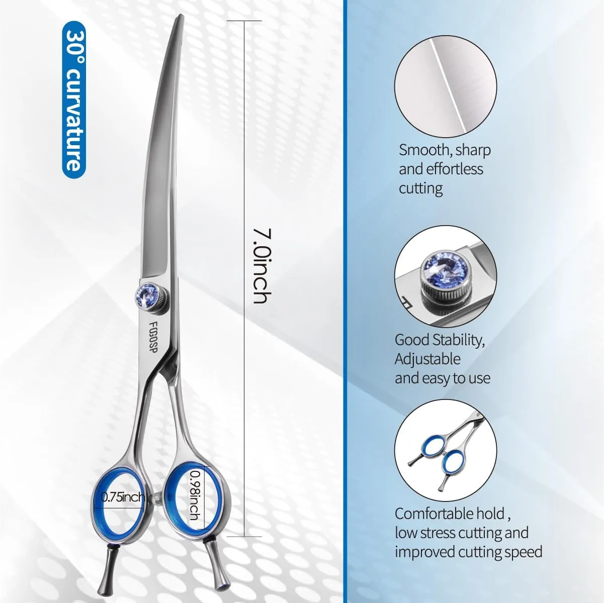 Left Handed Curved Dog Grooming Scissors 7.5 Inch Professional Shears for Poodle Large Pet 30 Degree Japanese 440C Super Sharp