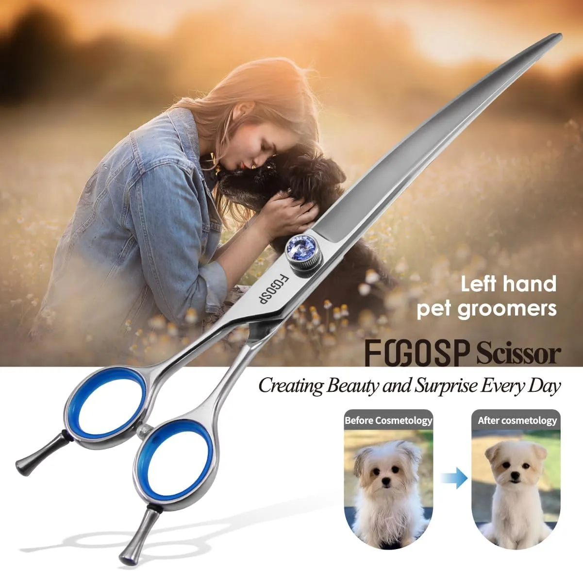 Left Handed Curved Dog Grooming Scissors 7.5 Inch Professional Shears for Poodle Large Pet 30 Degree Japanese 440C Super Sharp