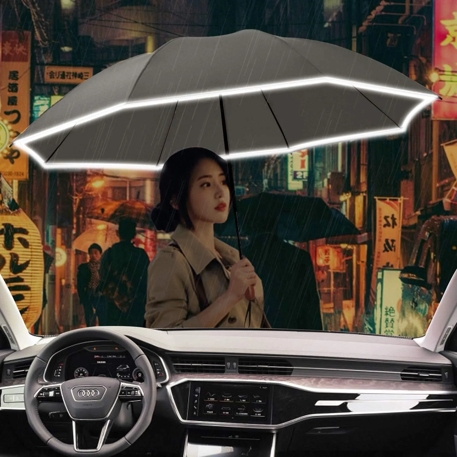 Lejorain Golf Large Inverted Umbrella - Black Big Windproof Heavy Duty Upside Down 54in Compact Car Automatic Folding Reflective Umbrella