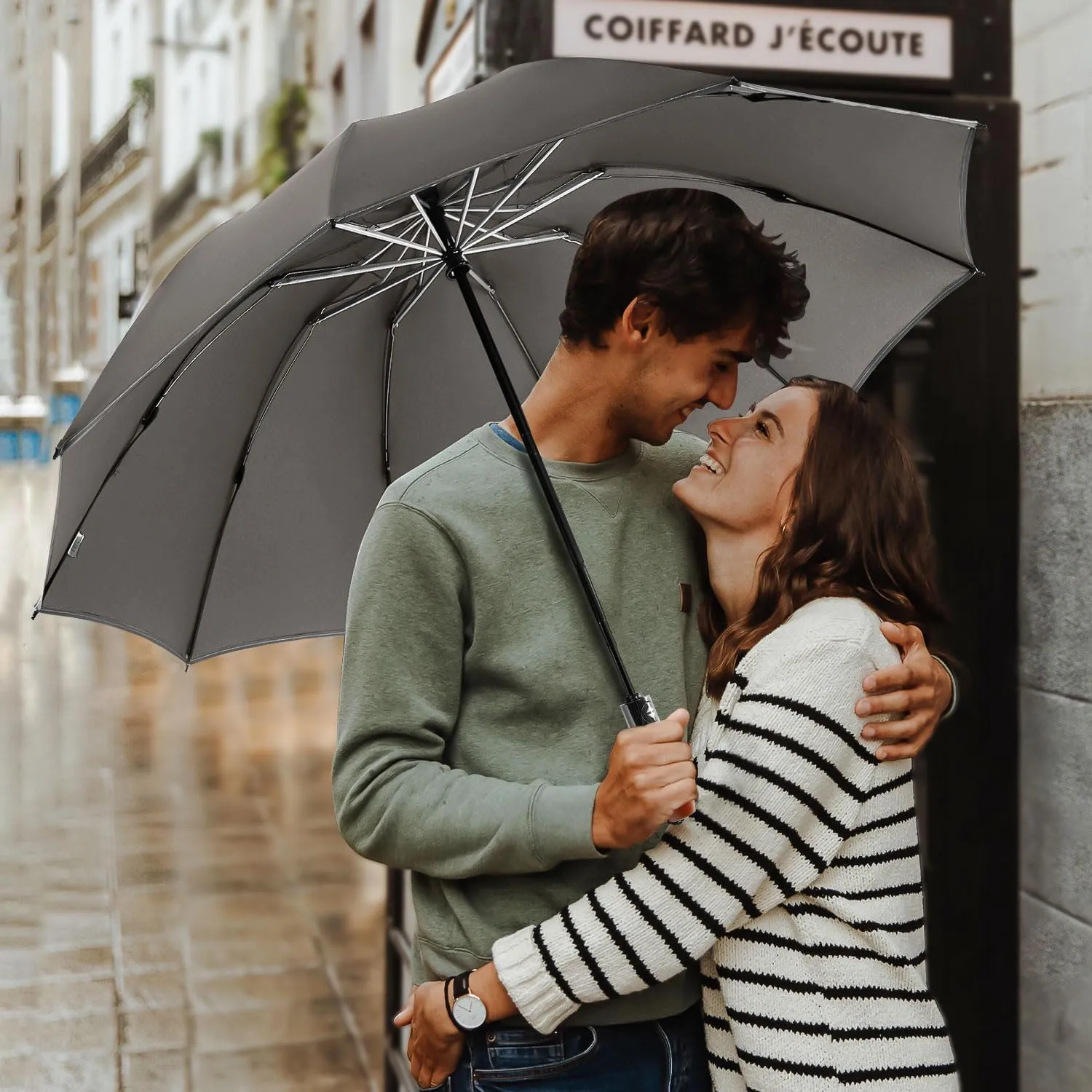 Lejorain Golf Large Inverted Umbrella - Black Big Windproof Heavy Duty Upside Down 54in Compact Car Automatic Folding Reflective Umbrella