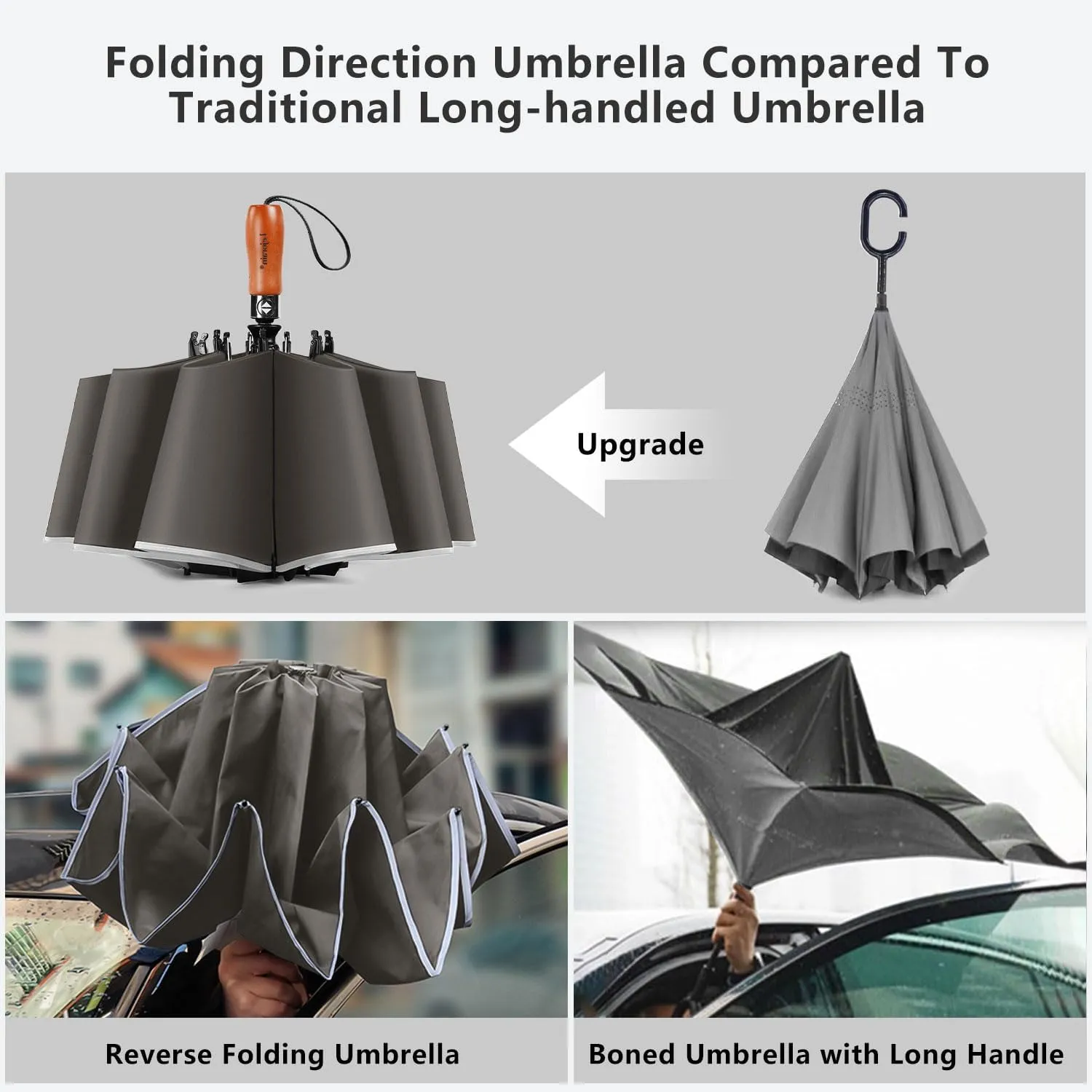Lejorain Golf Large Inverted Umbrella - Black Big Windproof Heavy Duty Upside Down 54in Compact Car Automatic Folding Reflective Umbrella