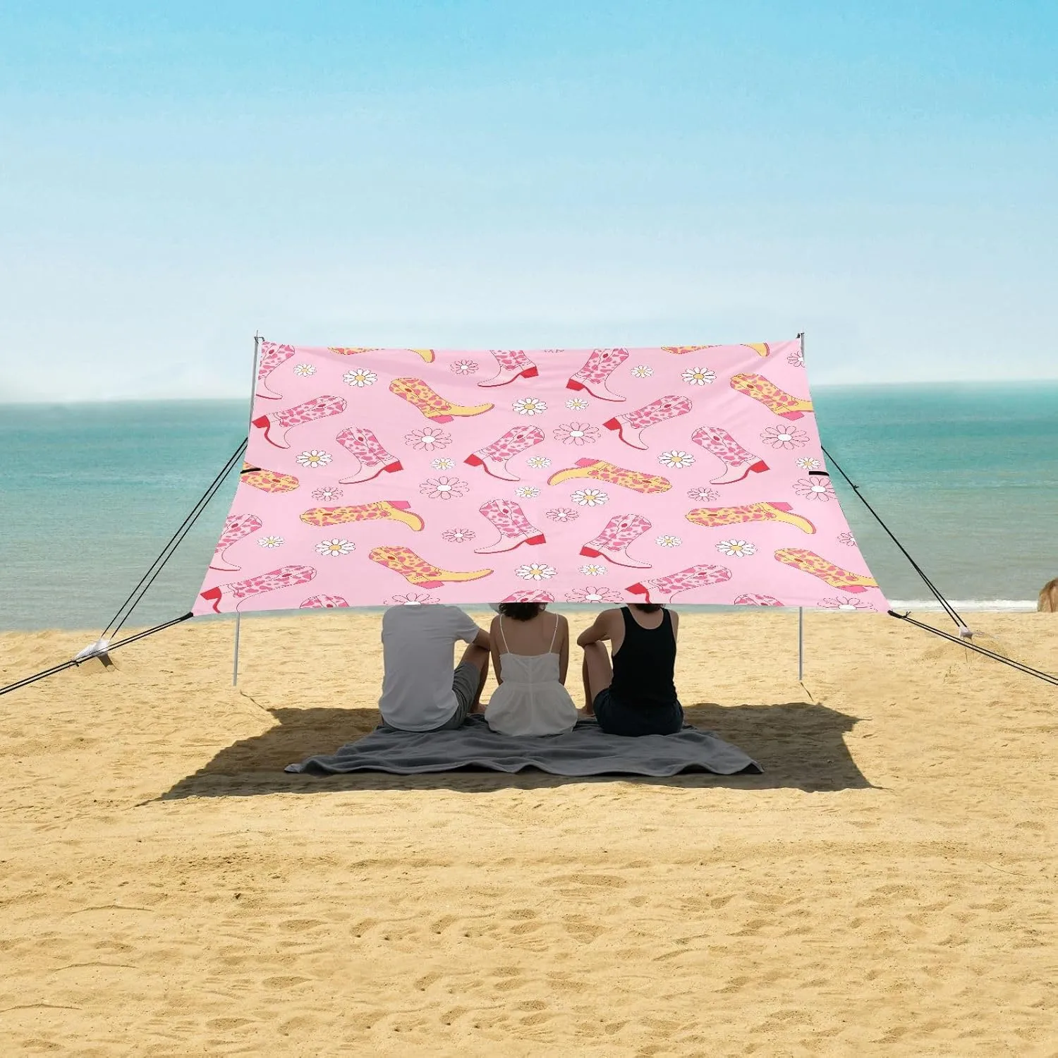 Leopard Cowgirl Boots Beach Canopy Tent Anti-UV & Wind Resistant, Flowers Western Camping Sun Shelter Easy Setup Portable,Outdoor Shade Tents with Sandbags,Sand Shovels,Ground Pegs & Stability P