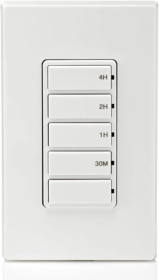 Leviton Countdown Timer Switch for household lights, heaters and exhaust fans, 30 min, 1-2-4 hour, No Neutral Wire Required, Single Pole, 15A, 1/2 HP/9.8A Fan/Motor, DT104-1LW, White
