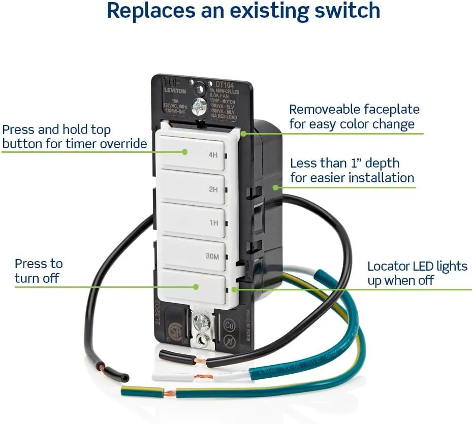 Leviton Countdown Timer Switch for household lights, heaters and exhaust fans, 30 min, 1-2-4 hour, No Neutral Wire Required, Single Pole, 15A, 1/2 HP/9.8A Fan/Motor, DT104-1LW, White