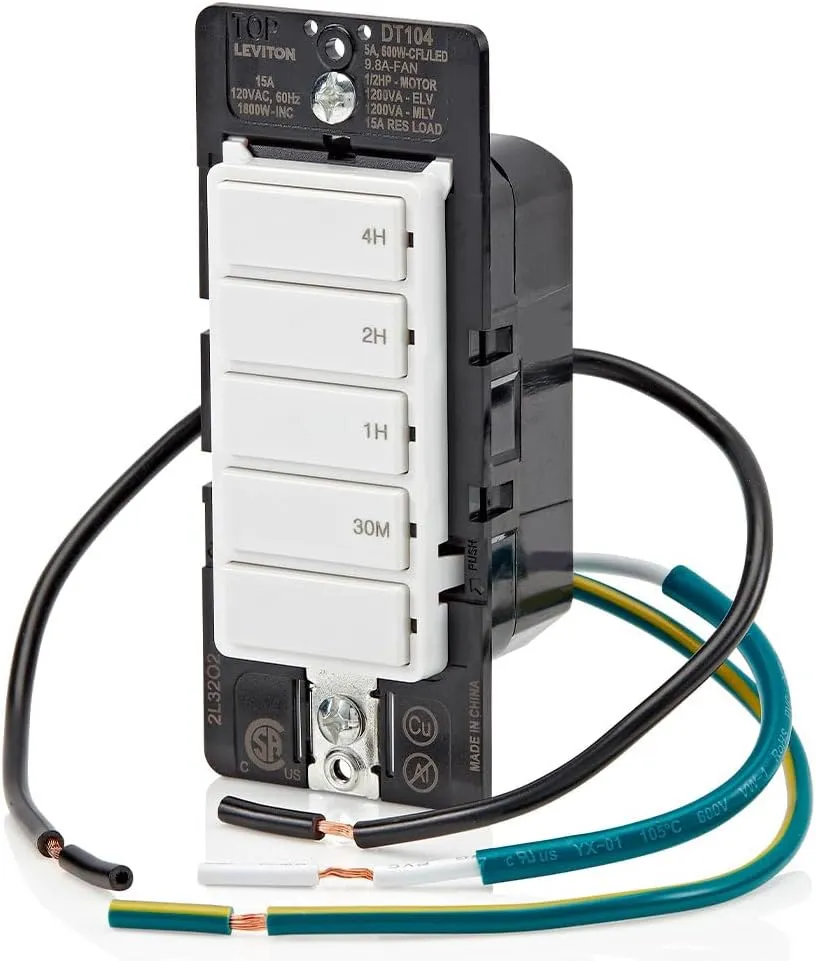Leviton Countdown Timer Switch for household lights, heaters and exhaust fans, 30 min, 1-2-4 hour, No Neutral Wire Required, Single Pole, 15A, 1/2 HP/9.8A Fan/Motor, DT104-1LW, White
