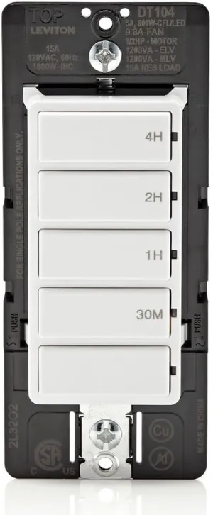 Leviton Countdown Timer Switch for household lights, heaters and exhaust fans, 30 min, 1-2-4 hour, No Neutral Wire Required, Single Pole, 15A, 1/2 HP/9.8A Fan/Motor, DT104-1LW, White