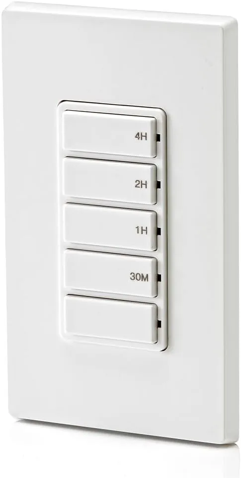 Leviton Countdown Timer Switch for household lights, heaters and exhaust fans, 30 min, 1-2-4 hour, No Neutral Wire Required, Single Pole, 15A, 1/2 HP/9.8A Fan/Motor, DT104-1LW, White