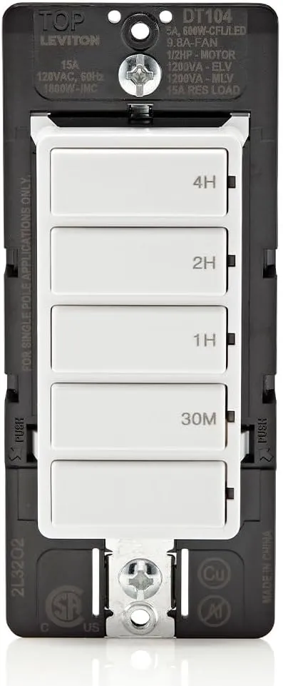 Leviton Countdown Timer Switch for household lights, heaters and exhaust fans, 30 min, 1-2-4 hour, No Neutral Wire Required, Single Pole, 15A, 1/2 HP/9.8A Fan/Motor, DT104-1LW, White