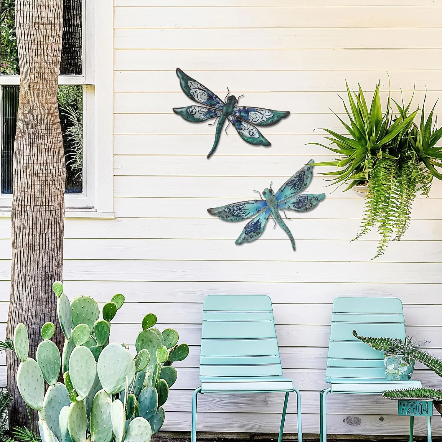 LIFFY Glass Metal Dragonfly Wall Decor Pair - Outdoor Wall Art for Garden and Home - Hanging Decor Gifts for Women, Light Blue