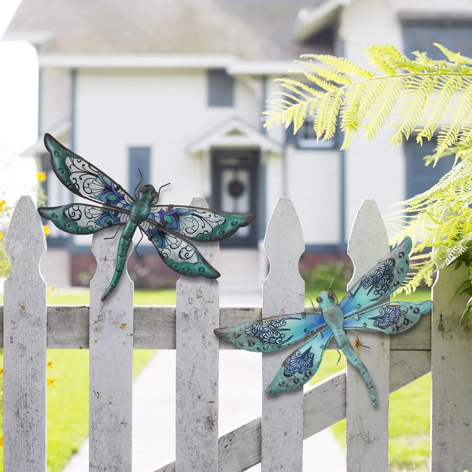 LIFFY Glass Metal Dragonfly Wall Decor Pair - Outdoor Wall Art for Garden and Home - Hanging Decor Gifts for Women, Light Blue