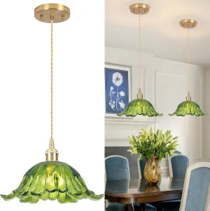 Light Glass Pendant Light,Green Vintage Light Fixtures,8.7 inch E26 Flower Pendant Lights Kitchen Island Contains one 3000K Bulb for Bedroom Hotel Dining Room 1 Light