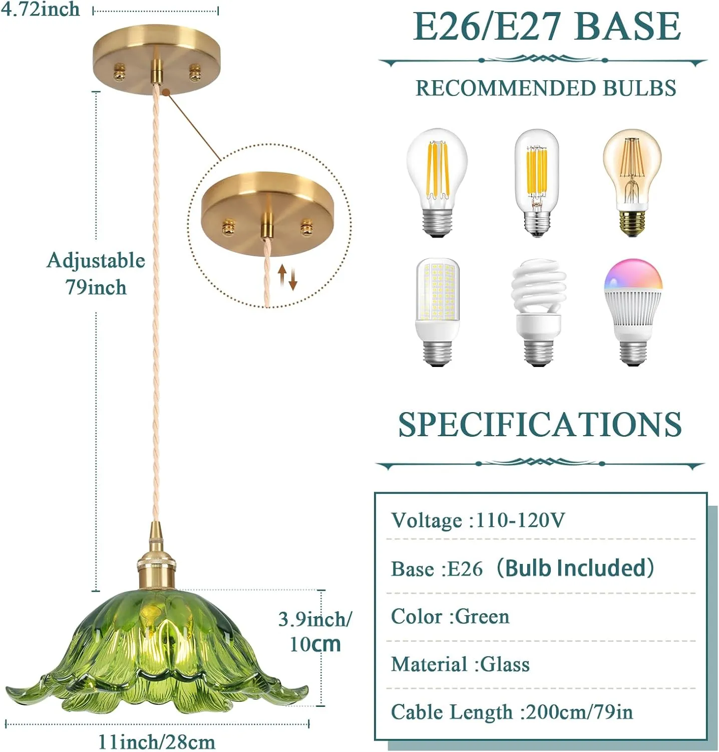 Light Glass Pendant Light,Green Vintage Light Fixtures,8.7 inch E26 Flower Pendant Lights Kitchen Island Contains one 3000K Bulb for Bedroom Hotel Dining Room 1 Light