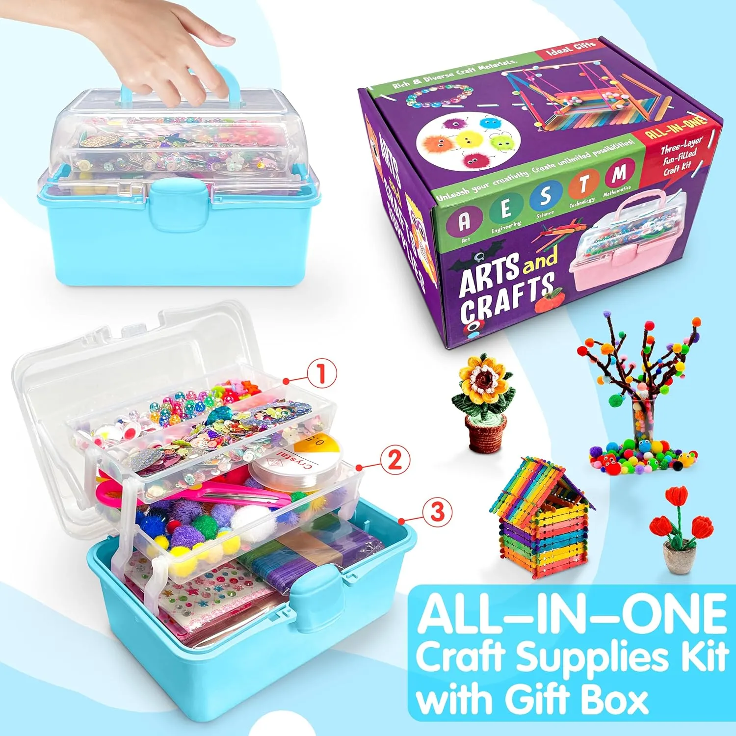 LINAYE 2500 PCS Arts and Crafts Supplies for Kids, DIY Craft Supplies Kit Box for Ages 6-8, Arts and Crafts Kit for Kids, Crafting Supply Set for Girls Boys Birthday Christmas Gifts, Blue
